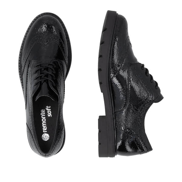 Remonte D2Q04-02 women's black patent brogue lace up shoes, two-angle product view.