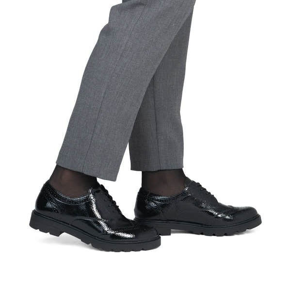 Remonte D2Q04-02 women's black patent brogue lace up shoes, on-foot lifestyle view.