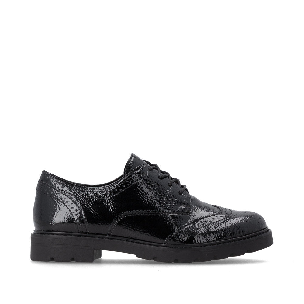 Remonte D2Q04-02 women's black patent brogue lace up shoes, opposite side view.