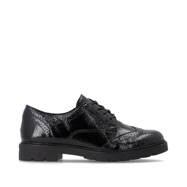 Remonte D2Q04-02 women's black patent brogue lace up shoes, opposite side view.