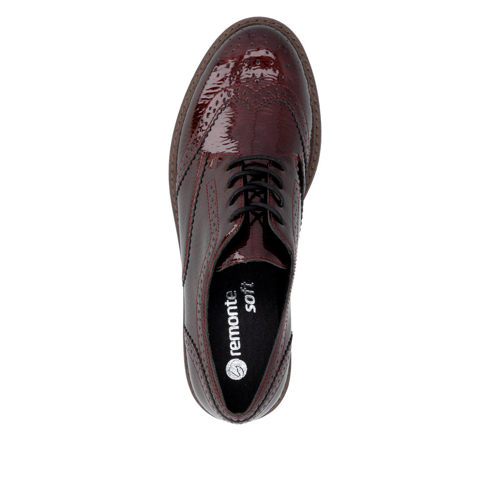 Remonte D2Q04-35 women's burgundy patent brogue lace up shoes, top view.