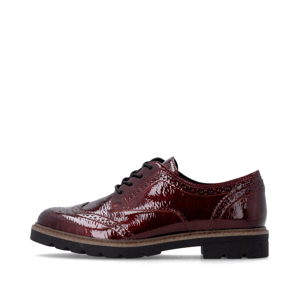 Remonte D2Q04-35 women's burgundy patent brogue lace up shoes, inner side view.