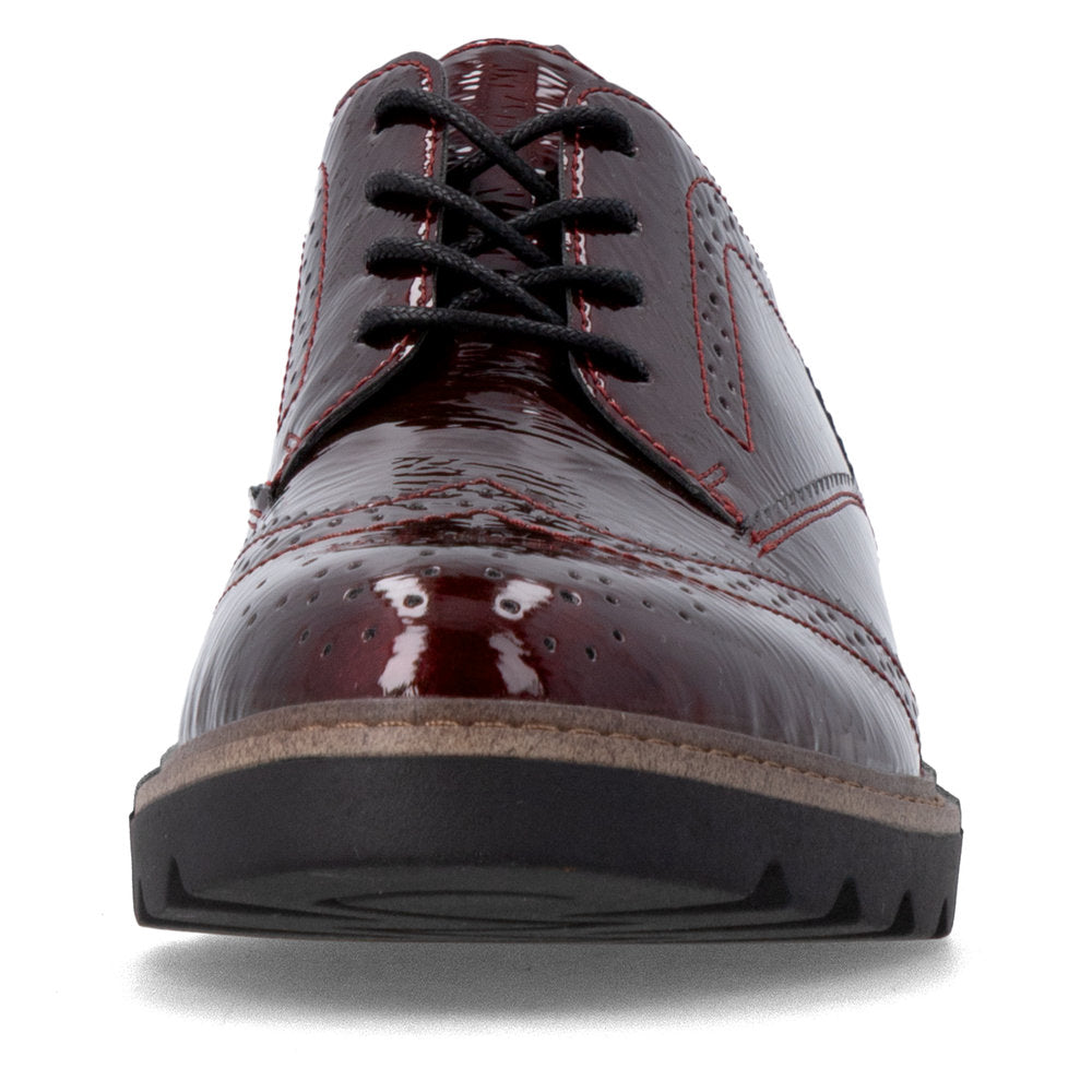 Remonte D2Q04-35 women's burgundy patent brogue lace up shoes, front view.