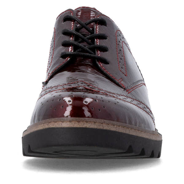 Remonte D2Q04-35 women's burgundy patent brogue lace up shoes, front view.