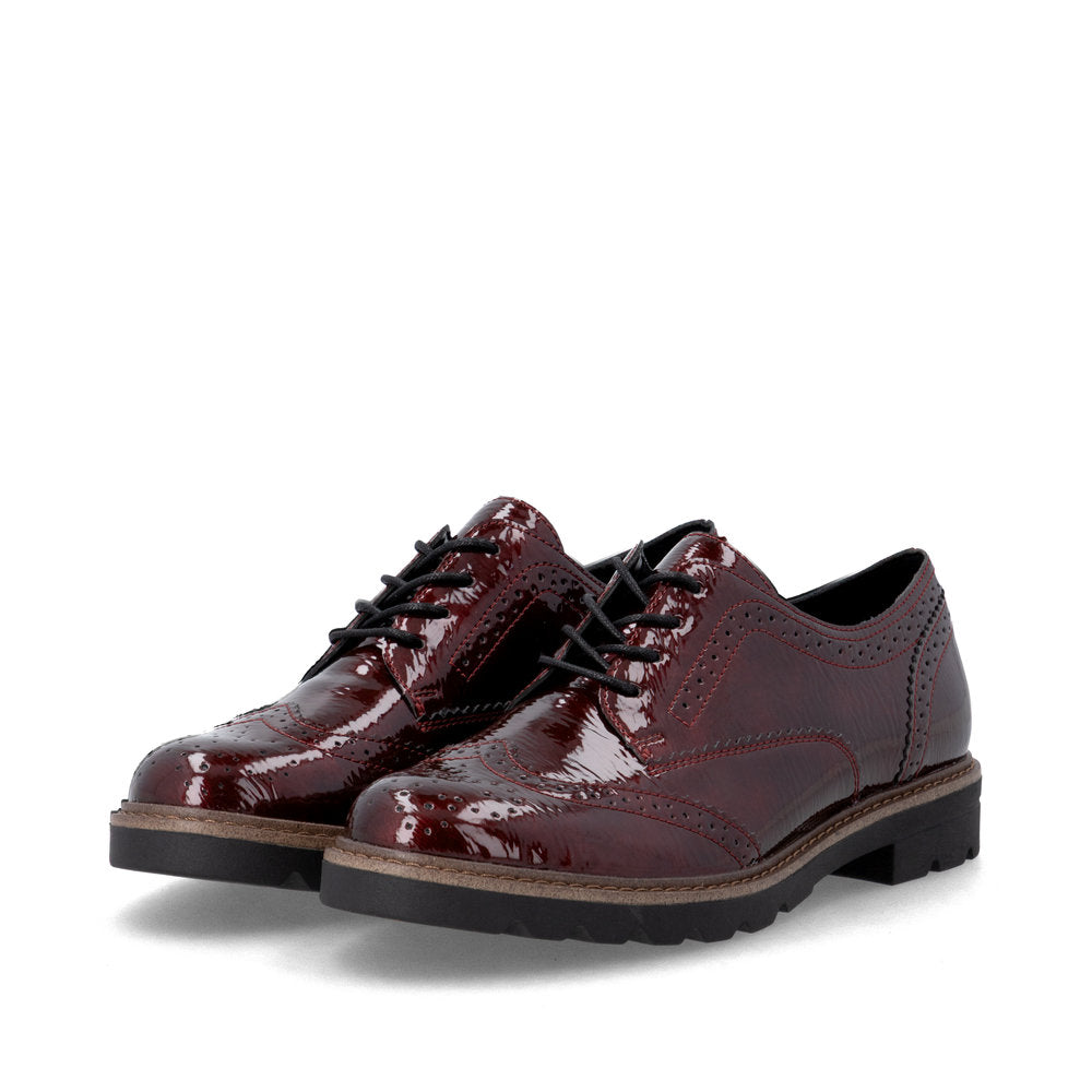 Remonte D2Q04-35 women's burgundy patent brogue lace up shoes, paired three-quarter view.