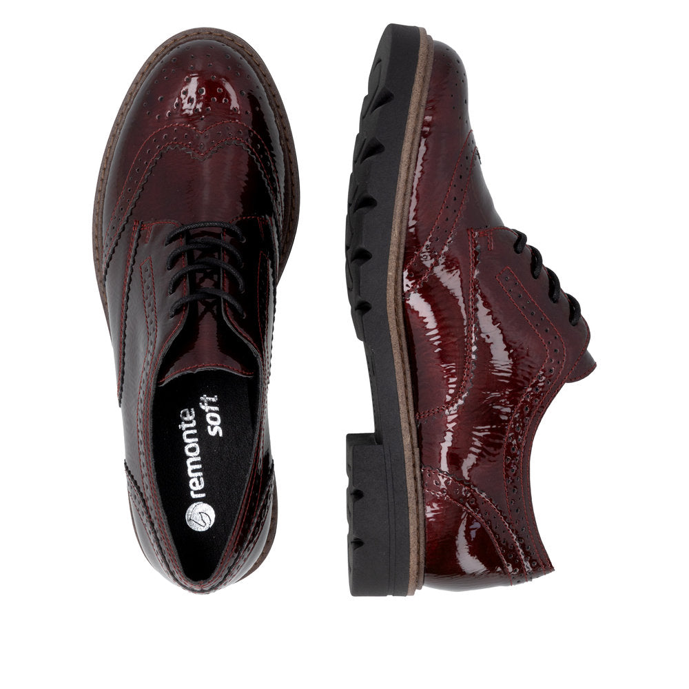 Remonte D2Q04-35 women's burgundy patent brogue lace up shoes, two-angle product view.