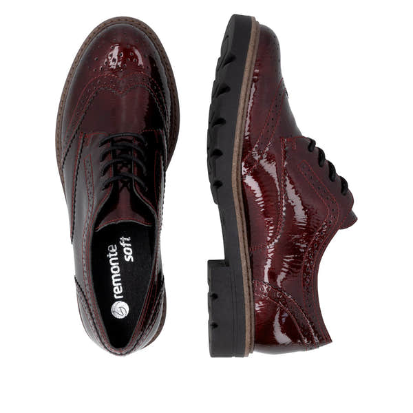 Remonte D2Q04-35 women's burgundy patent brogue lace up shoes, two-angle product view.