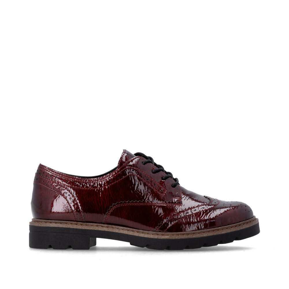Remonte D2Q04-35 women's burgundy patent brogue lace up shoes, opposite side view.