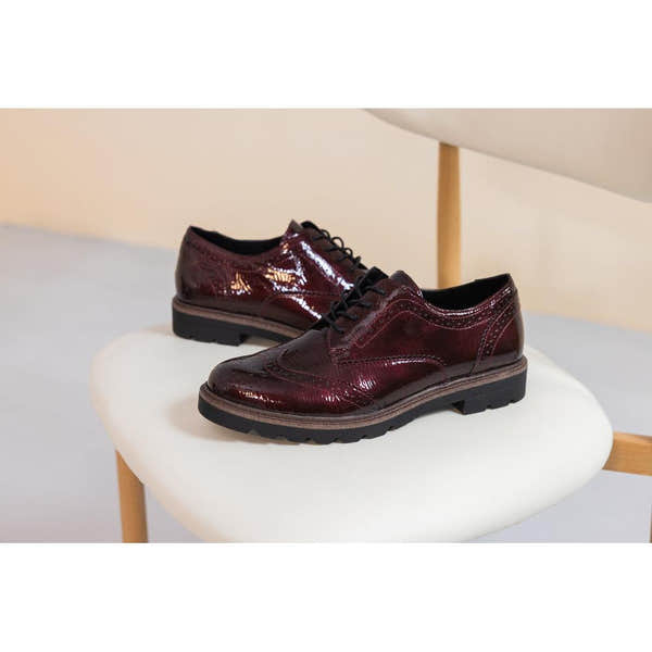 Remonte D2Q04-35 women's burgundy patent brogue lace up shoes, lifestyle view 3 of 4.