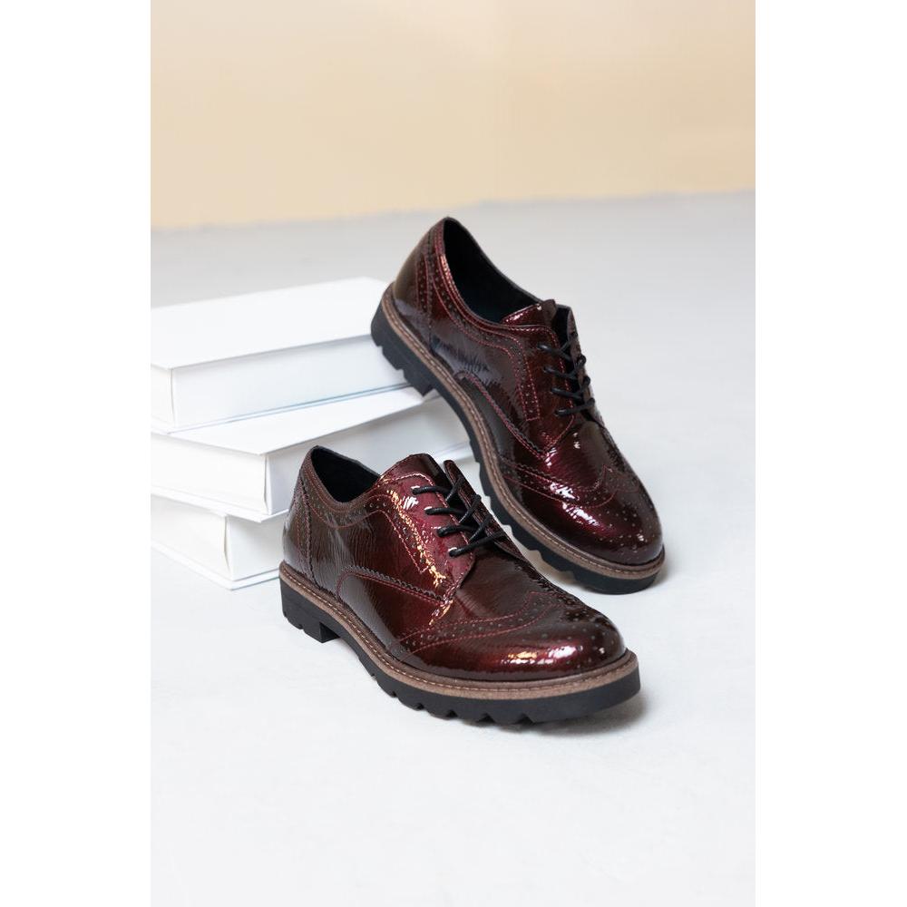 Remonte D2Q04-35 women's burgundy patent brogue lace up shoes, lifestyle view 4 of 4.