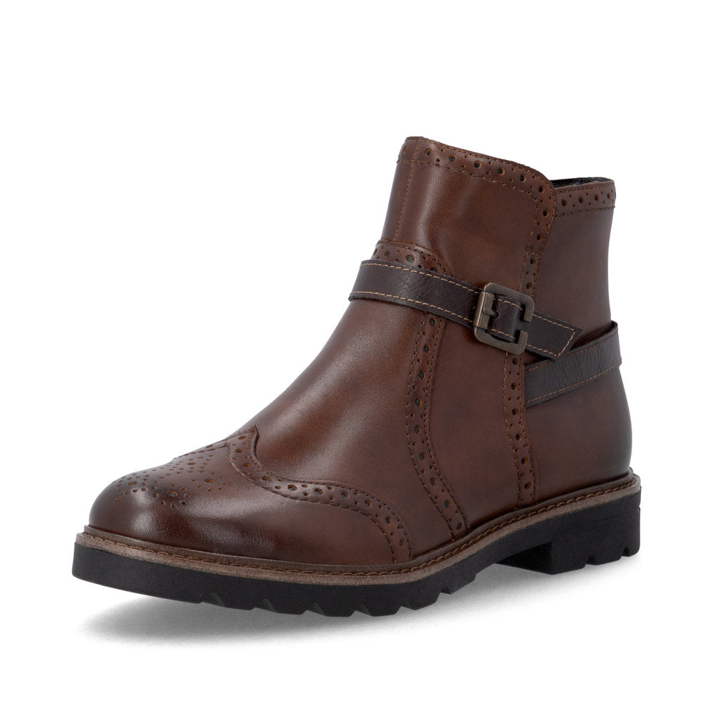 Remonte D2Q74-22 women's brown leather side zip mid-calf boots, front three-quarter view.