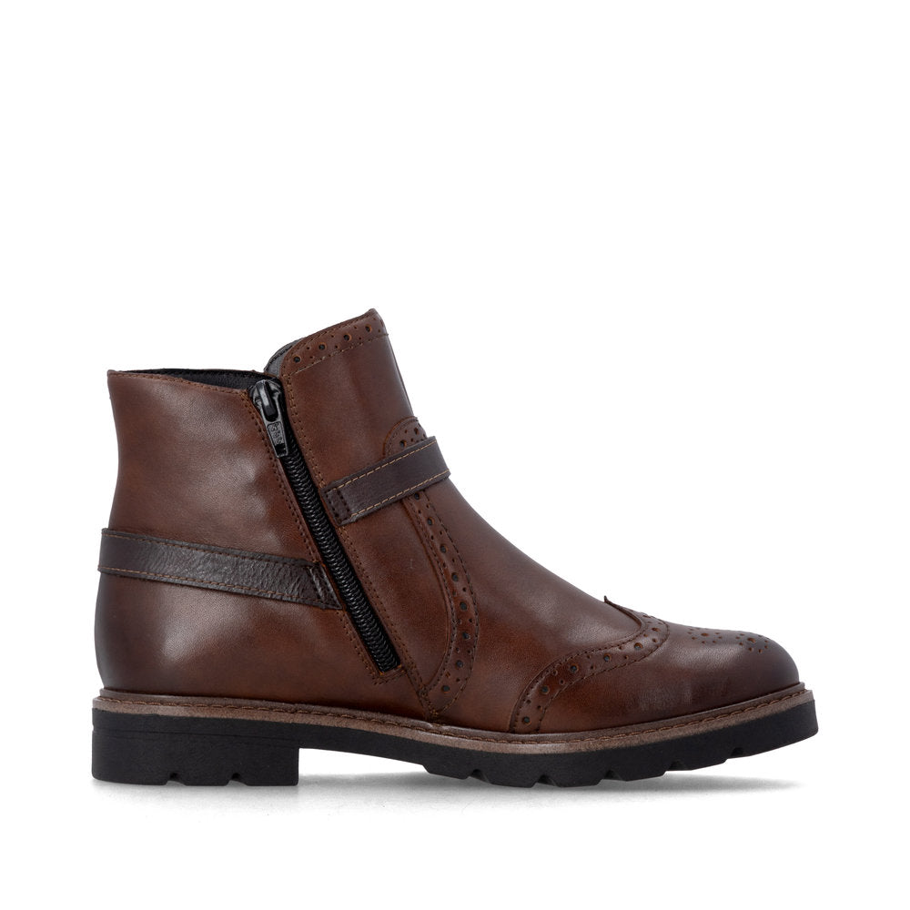 Remonte D2Q74-22 women's brown leather side zip mid-calf boots, outer side view.