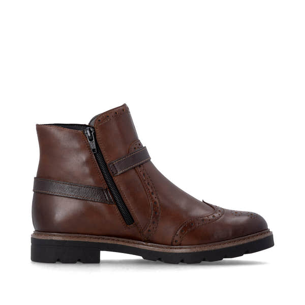 Remonte D2Q74-22 women's brown leather side zip mid-calf boots, outer side view.