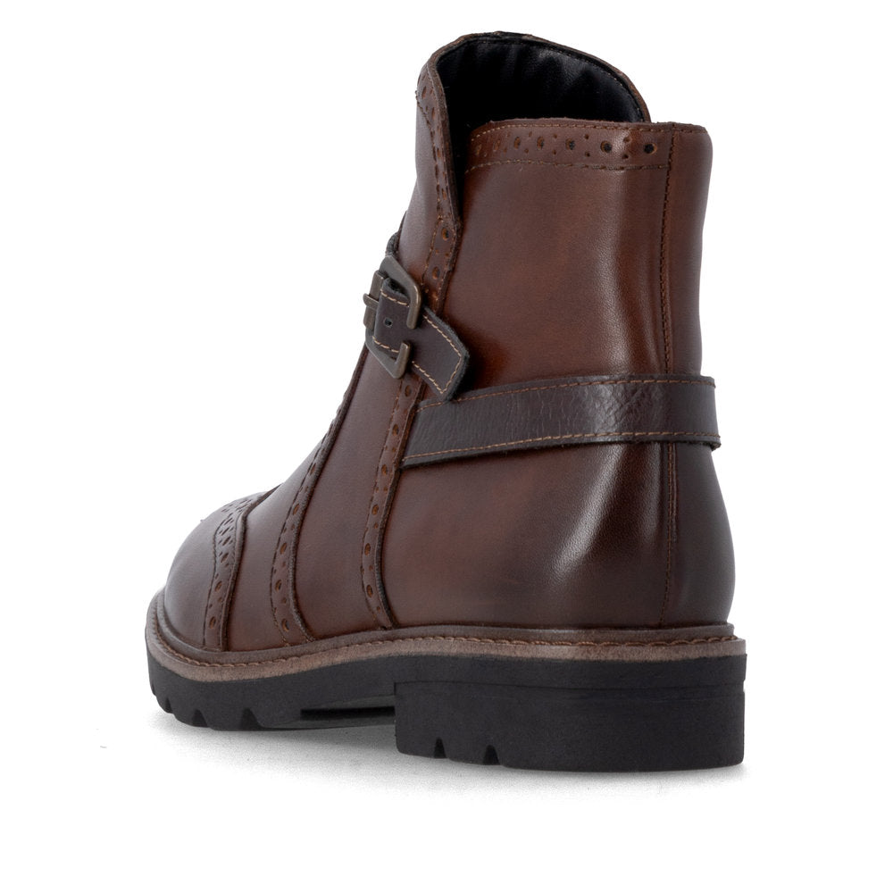 Remonte D2Q74-22 women's brown leather side zip mid-calf boots, rear three-quarter view.