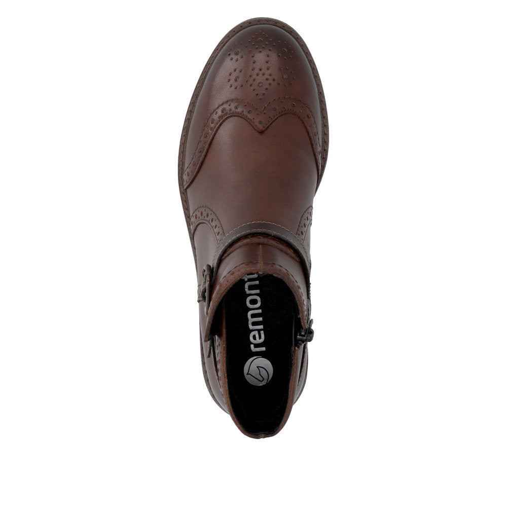 Remonte D2Q74-22 women's brown leather side zip mid-calf boots, top view.
