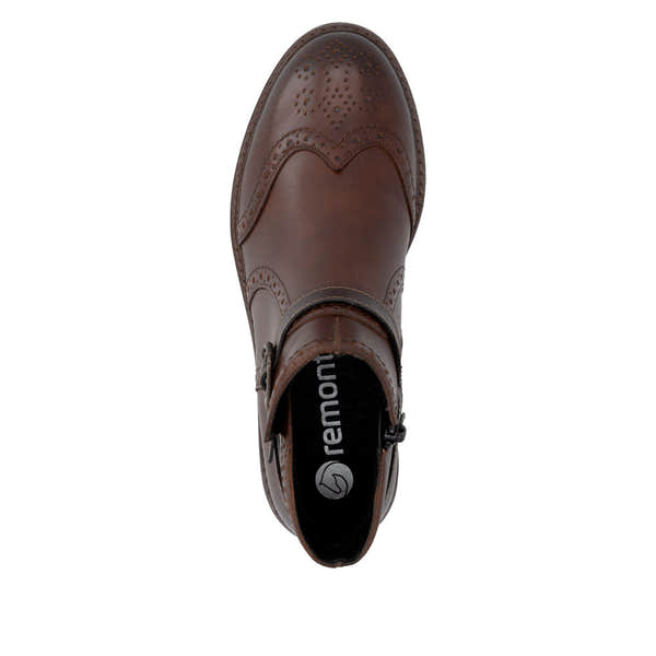 Remonte D2Q74-22 women's brown leather side zip mid-calf boots, top view.