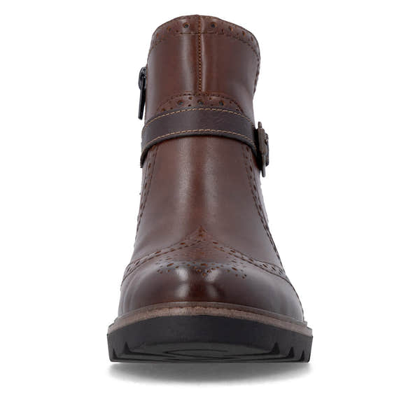 Remonte D2Q74-22 women's brown leather side zip mid-calf boots, front view.