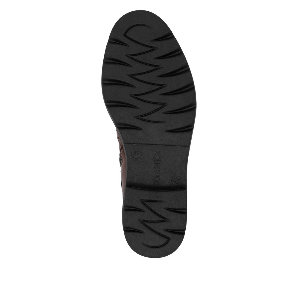 Remonte D2Q74-22 women's brown leather side zip mid-calf boots, sole and tread view.
