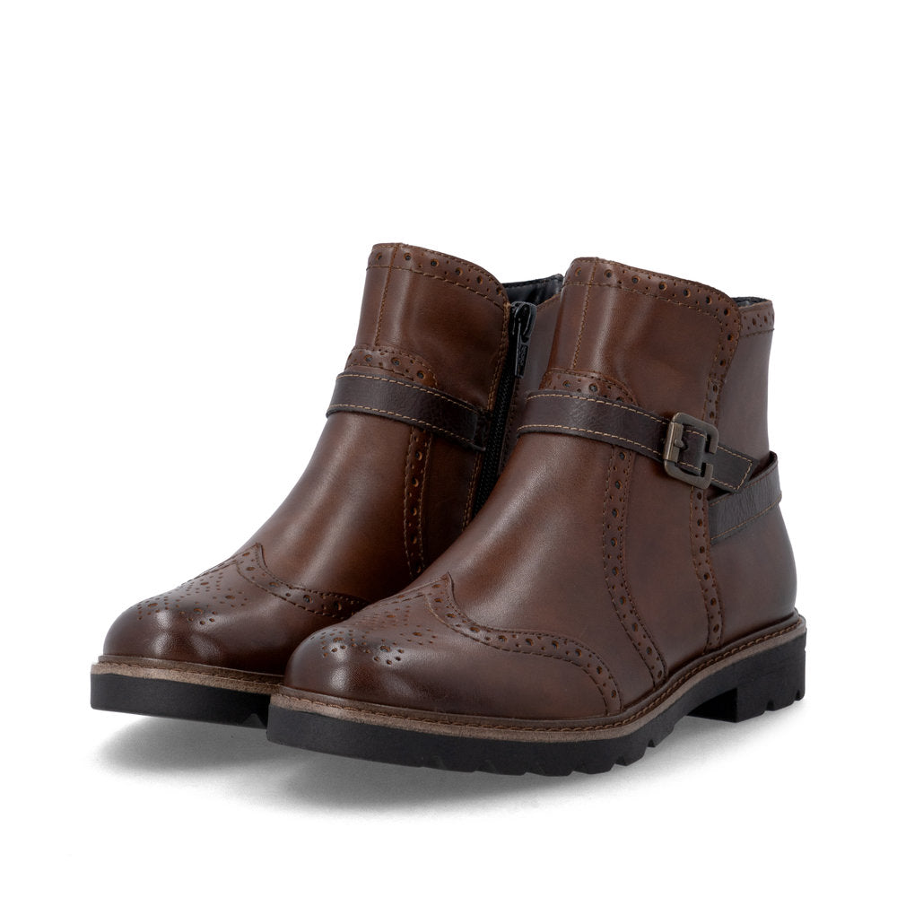 Remonte D2Q74-22 women's brown leather side zip mid-calf boots, paired three-quarter view.