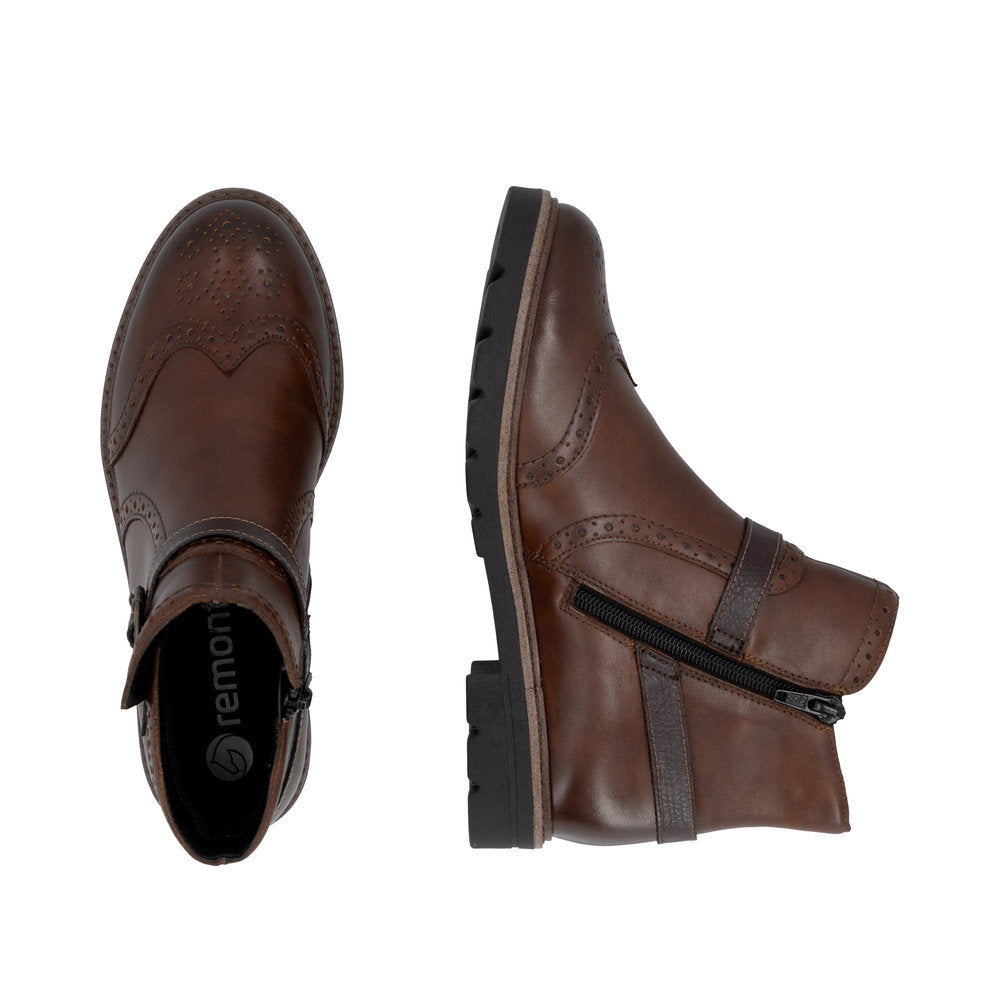 Remonte D2Q74-22 women's brown leather side zip mid-calf boots, two-angle product view.