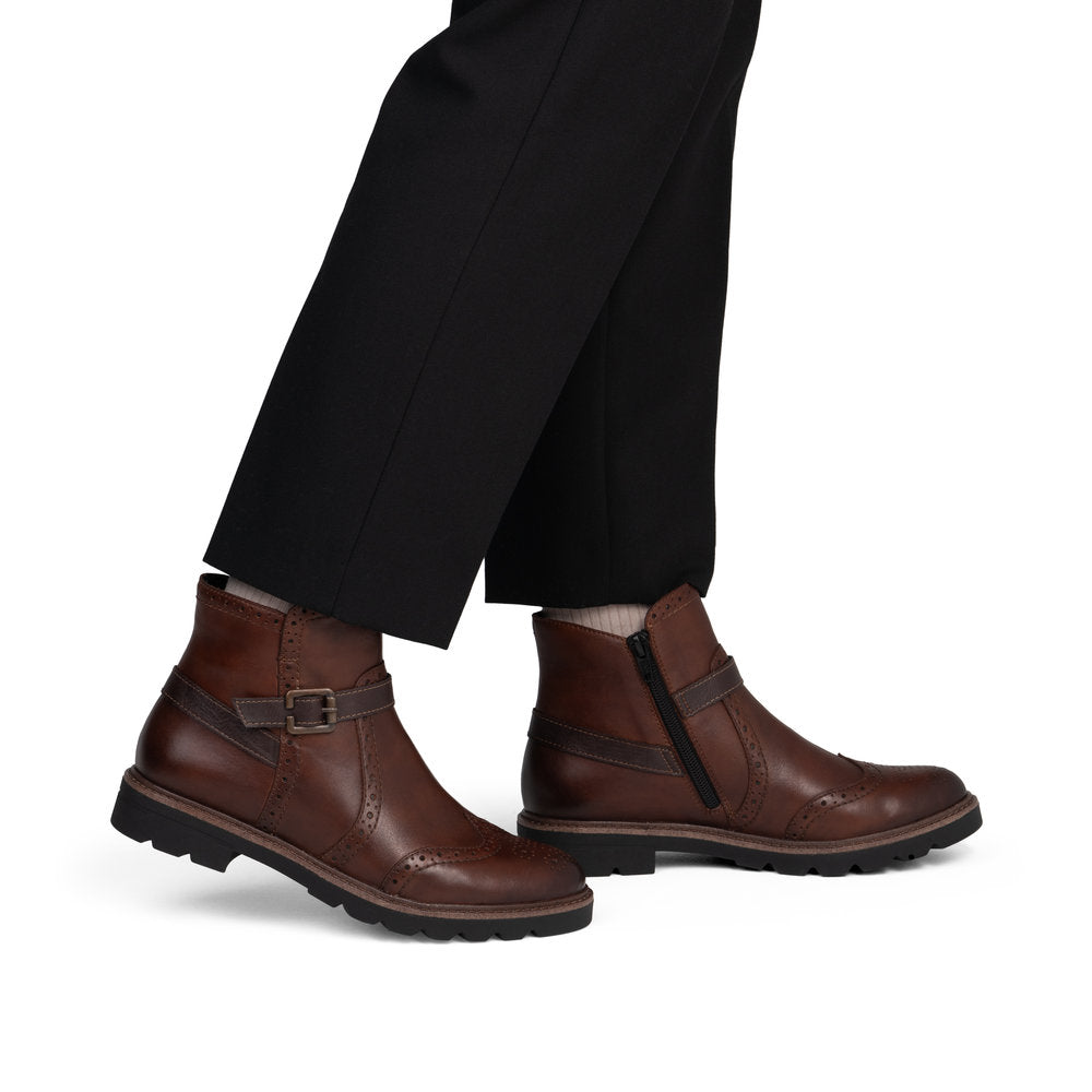 Remonte D2Q74-22 women's brown leather side zip mid-calf boots, on-foot lifestyle view.