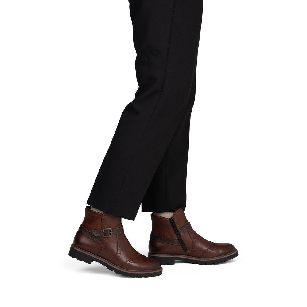 Remonte D2Q74-22 women's brown leather side zip mid-calf boots, on-foot lifestyle view.