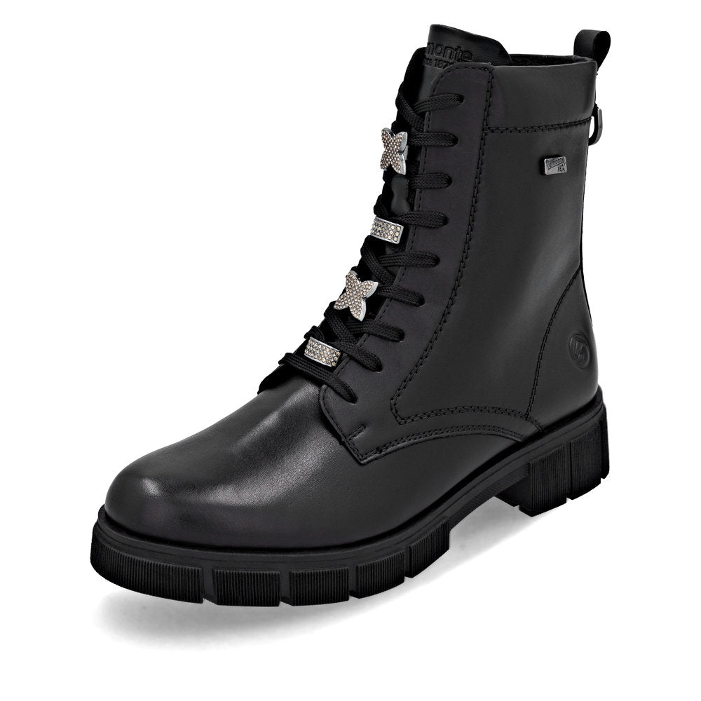 Remonte D2S73-00 women's wide black leather water resistant zip & lace ankle boots, front three-quarter view.