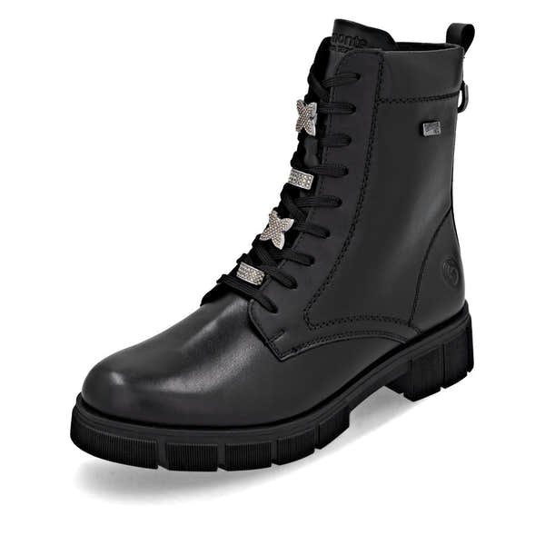 Remonte D2S73-00 women's wide black leather water resistant zip & lace ankle boots, front three-quarter view.
