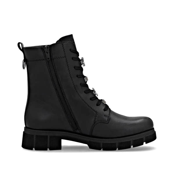 Remonte D2S73-00 women's wide black leather water resistant zip & lace ankle boots, outer side view.