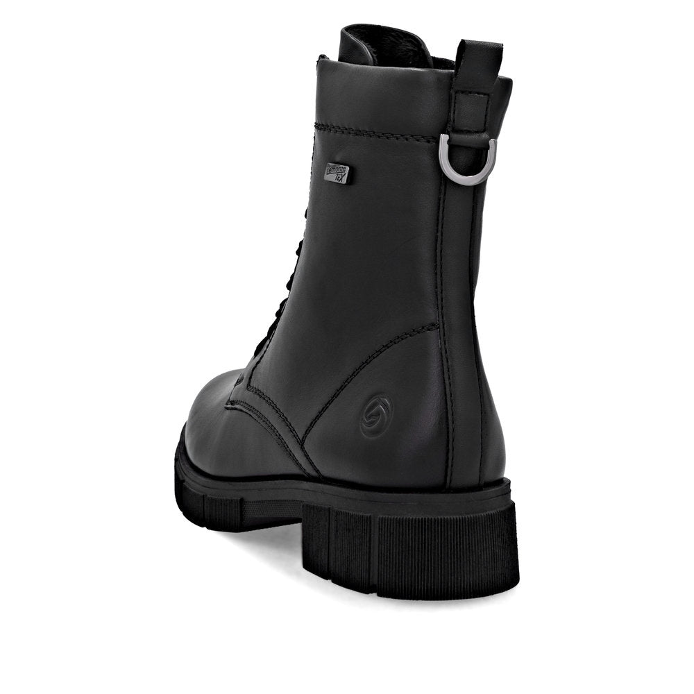 Remonte D2S73-00 women's wide black leather water resistant zip & lace ankle boots, rear three-quarter view.