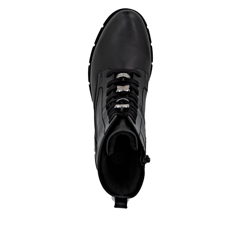 Remonte D2S73-00 women's wide black leather water resistant zip & lace ankle boots, top view.