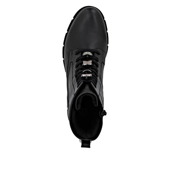 Remonte D2S73-00 women's wide black leather water resistant zip & lace ankle boots, top view.