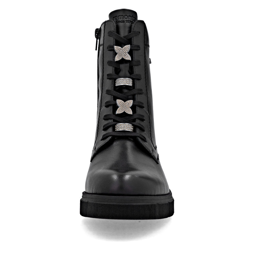 Remonte D2S73-00 women's wide black leather water resistant zip & lace ankle boots, front view.