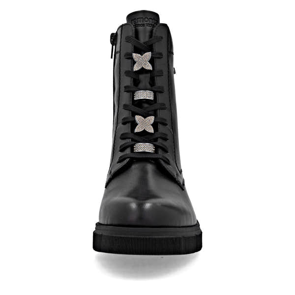 Remonte D2S73-00 women's wide black leather water resistant zip & lace ankle boots, front view.