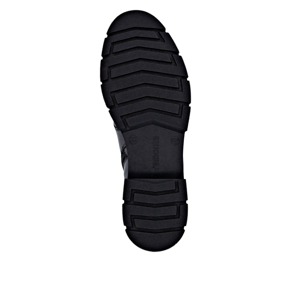 Remonte D2S73-00 women's wide black leather water resistant zip & lace ankle boots, sole and tread view.