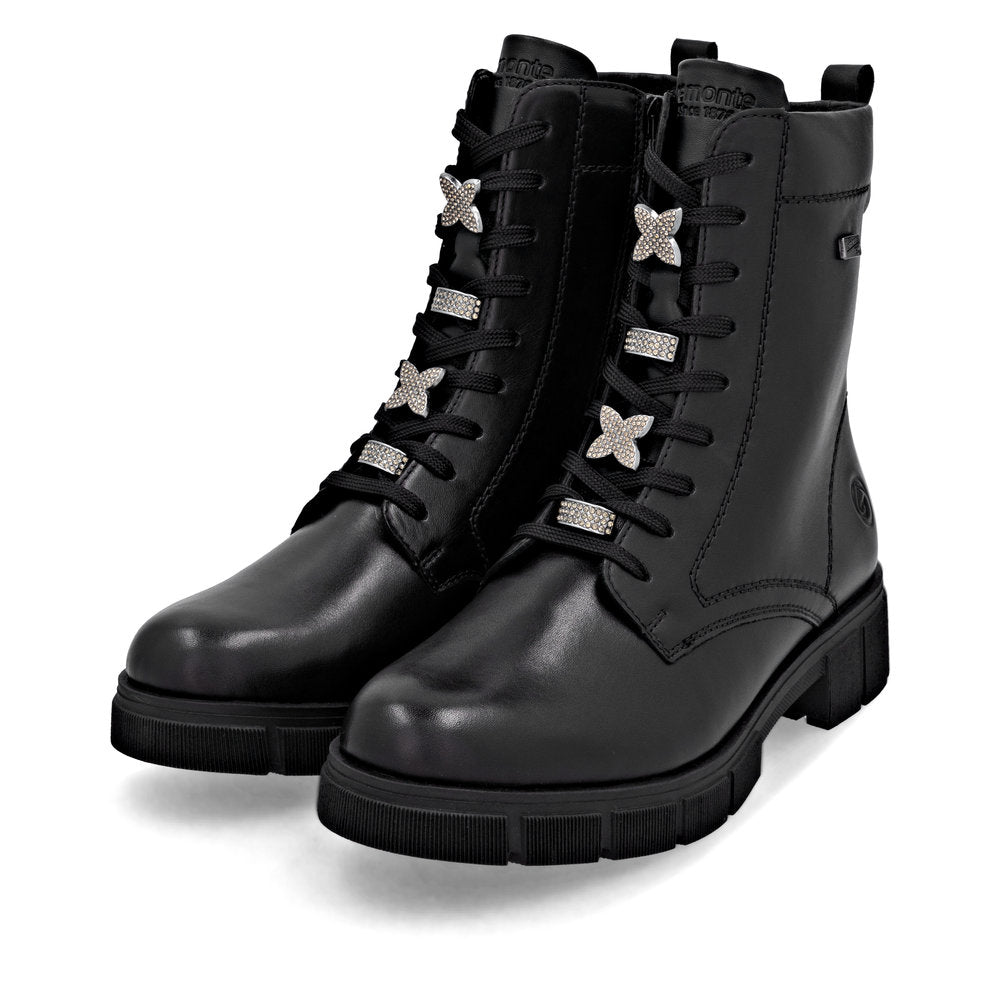 Remonte D2S73-00 women's wide black leather water resistant zip & lace ankle boots, paired three-quarter view.