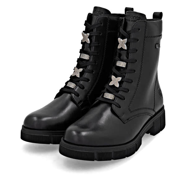 Remonte D2S73-00 women's wide black leather water resistant zip & lace ankle boots, paired three-quarter view.