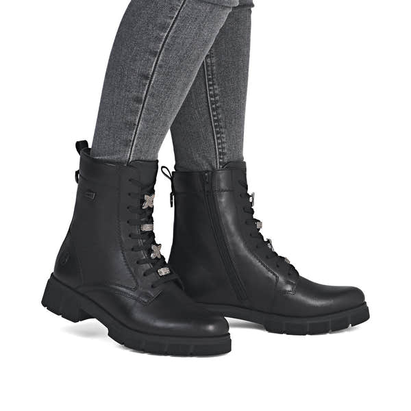 Remonte D2S73-00 women's wide black leather water resistant zip & lace ankle boots, on-foot lifestyle view.