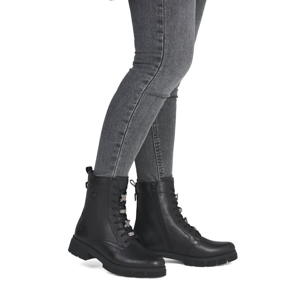 Remonte D2S73-00 women's wide black leather water resistant zip & lace ankle boots, on-foot lifestyle view.