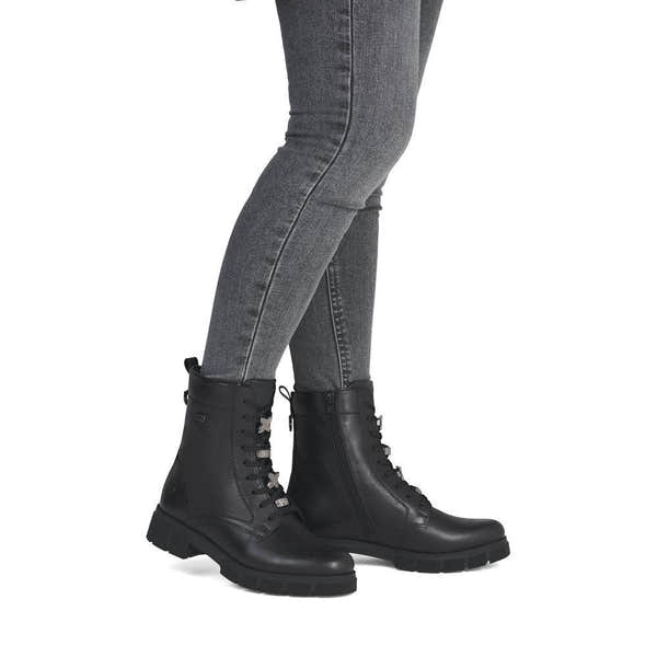 Remonte D2S73-00 women's wide black leather water resistant zip & lace ankle boots, on-foot lifestyle view.