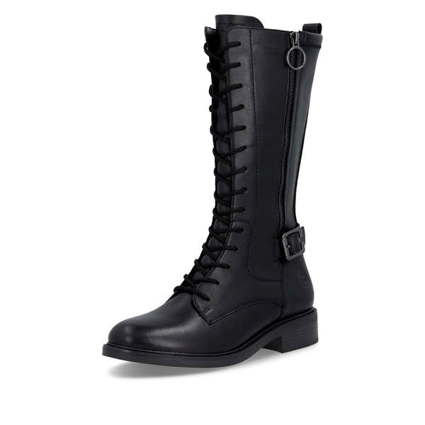 Remonte D2W71-00 women's black leather side zip mid-calf boots, front three-quarter view.