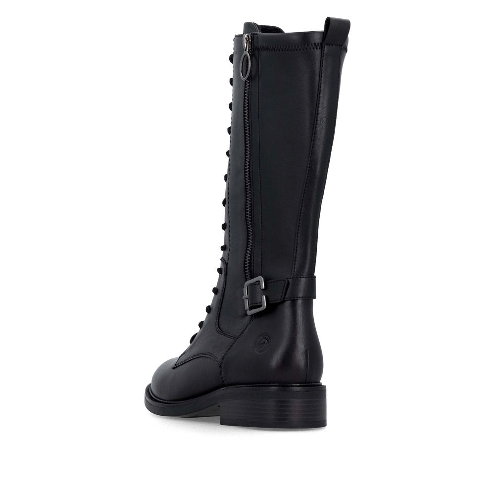 Remonte D2W71-00 women's black leather side zip mid-calf boots, rear three-quarter view.