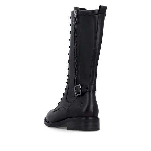 Remonte D2W71-00 women's black leather side zip mid-calf boots, rear three-quarter view.