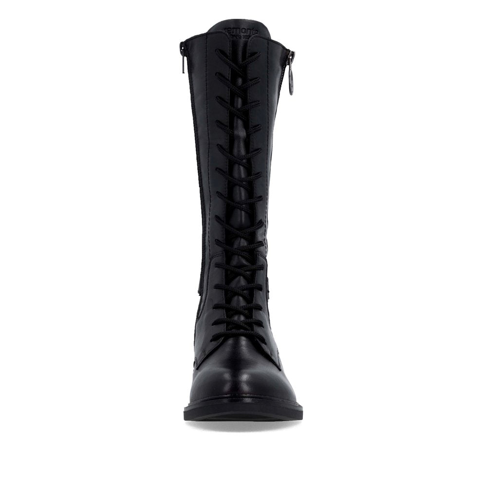 Remonte D2W71-00 women's black leather side zip mid-calf boots, front view.