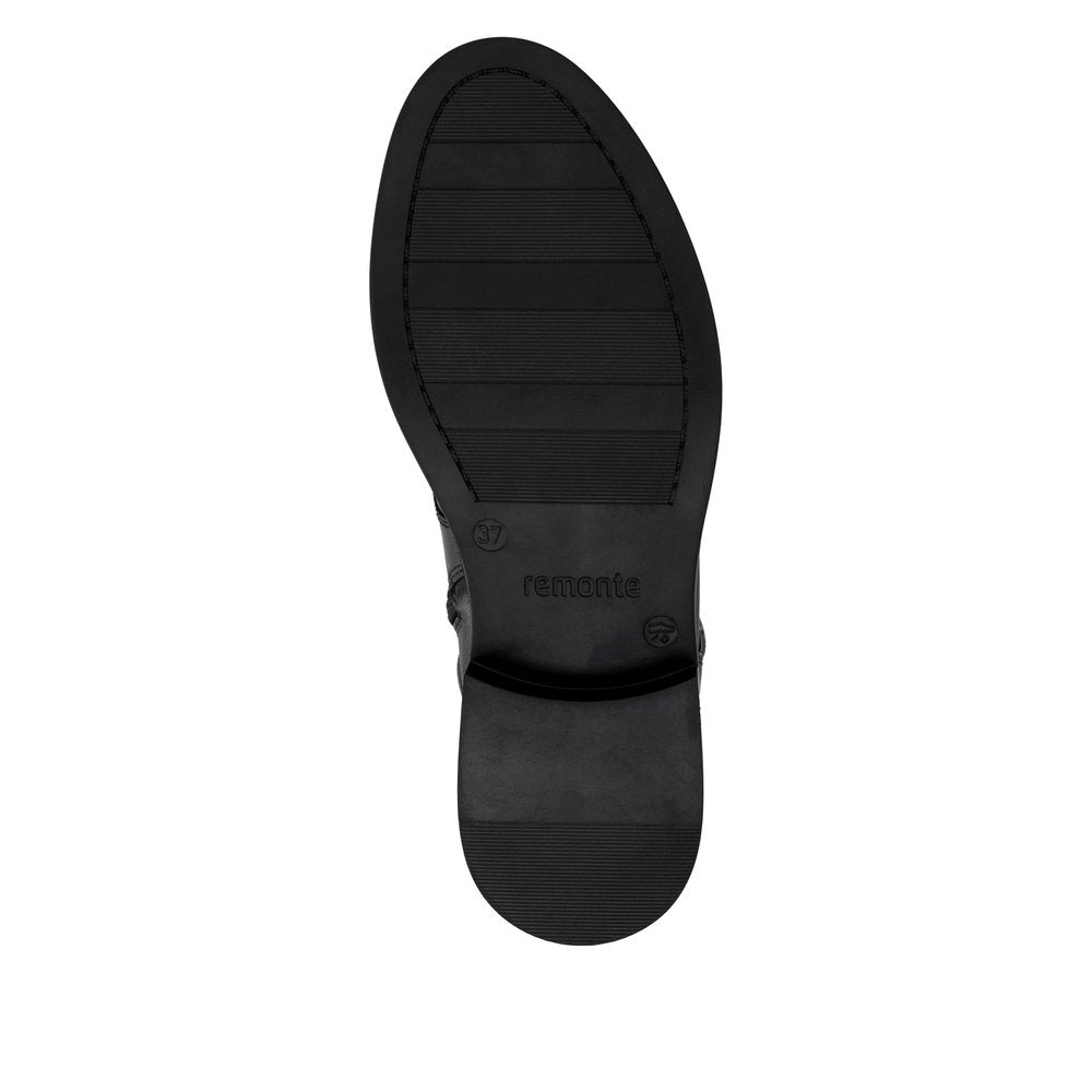 Remonte D2W71-00 women's black leather side zip mid-calf boots, sole and tread view.