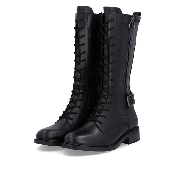 Remonte D2W71-00 women's black leather side zip mid-calf boots, paired three-quarter view.