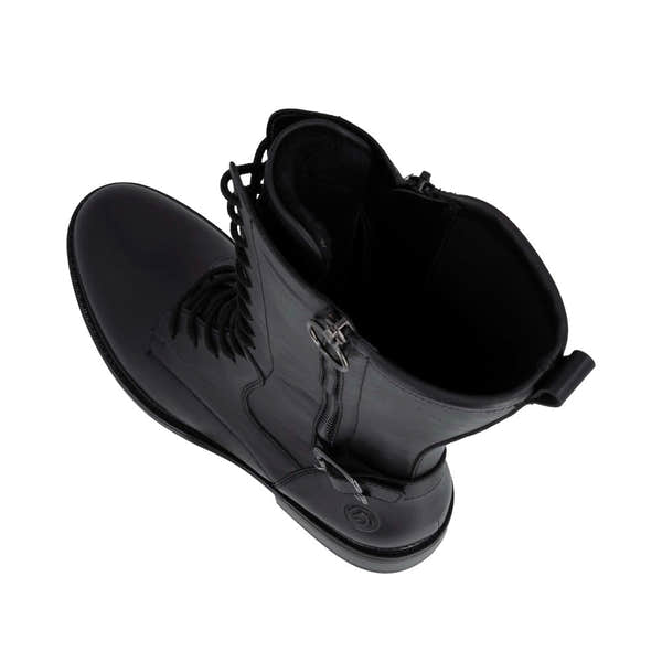 Remonte D2W71-00 women's black leather side zip mid-calf boots, two-angle product view.