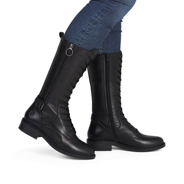 Remonte D2W71-00 women's black leather side zip mid-calf boots, on-foot lifestyle view.