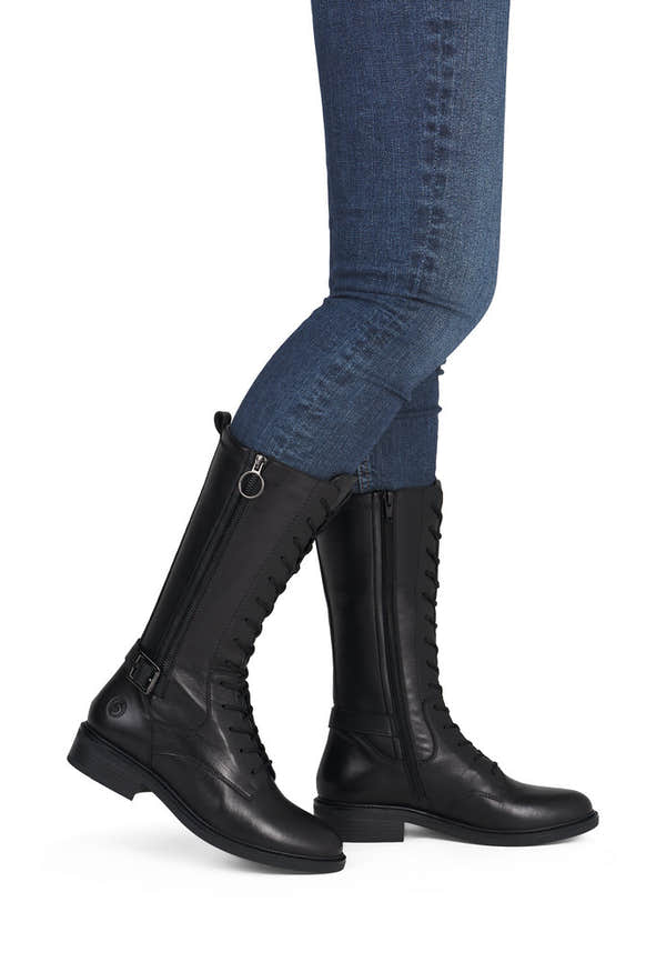 Remonte D2W71-00 women's black leather side zip mid-calf boots, on-foot lifestyle view.