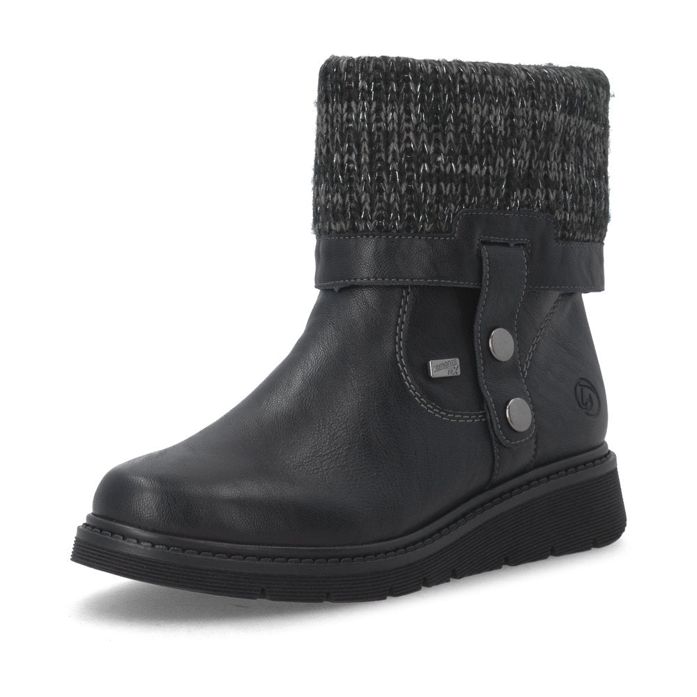 Remonte D3976-03 women's wide black water resistant knitted cuff side zip ankle boots, front three-quarter view.